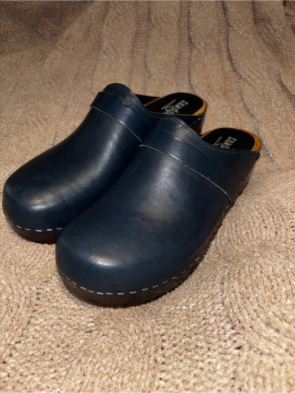 Sandgrens Sweden Blue Leather Wood Clogs EU 43 US 12 Women 9.5 Men Handmade